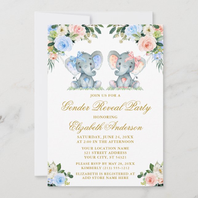 Gender Reveal Pink Blue Floral Baby Elephants Bows Invitation (Front)