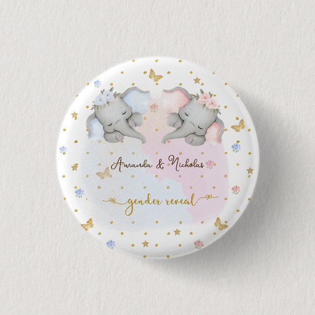 Gender Reveal Pink Blue Floral Elephant 3 Cm Round Badge (Front)