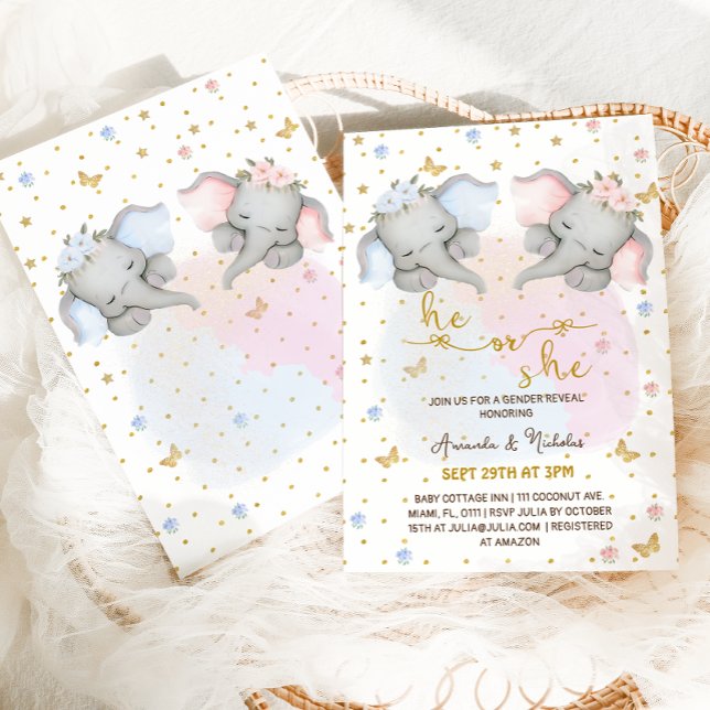 Gender Reveal Pink Blue Floral Elephant Invitation (Creator Uploaded)