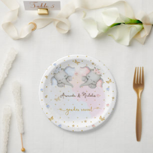 Gender Reveal Pink Blue Floral Elephant Paper Plate