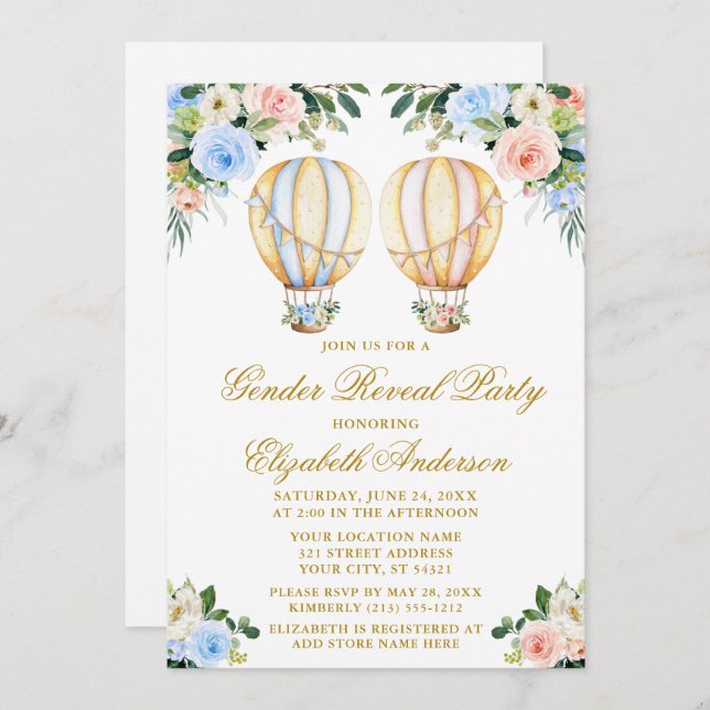 Gender Reveal Pink Blue Floral Hot Air Balloons Invitation (Front/Back)