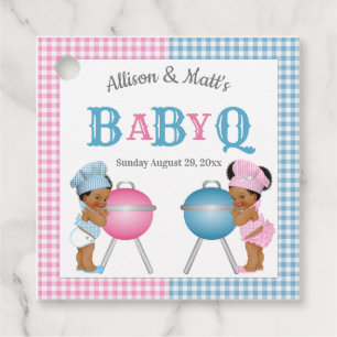 Gender Reveal Pink Blue Gingham Baby Q BBQ Favour Tags