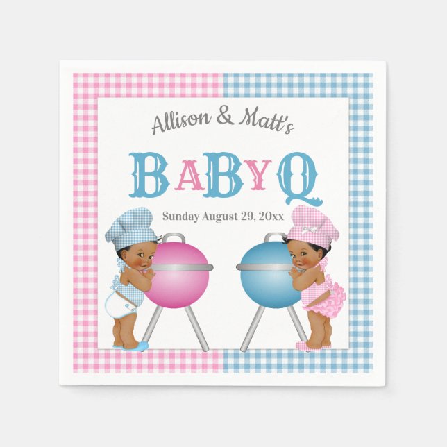 Gender Reveal Pink Blue Gingham Baby Q BBQ Napkin (Front)