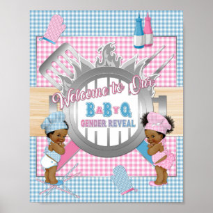 Gender Reveal Pink Blue Gingham Baby Q BBQ Poster