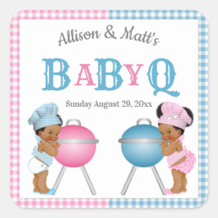 Gender Reveal Pink Blue Gingham BabyQ BBQ Square Sticker