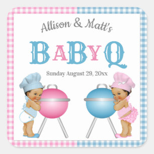 Gender Reveal Pink Blue Gingham BabyQ BBQ Square Sticker