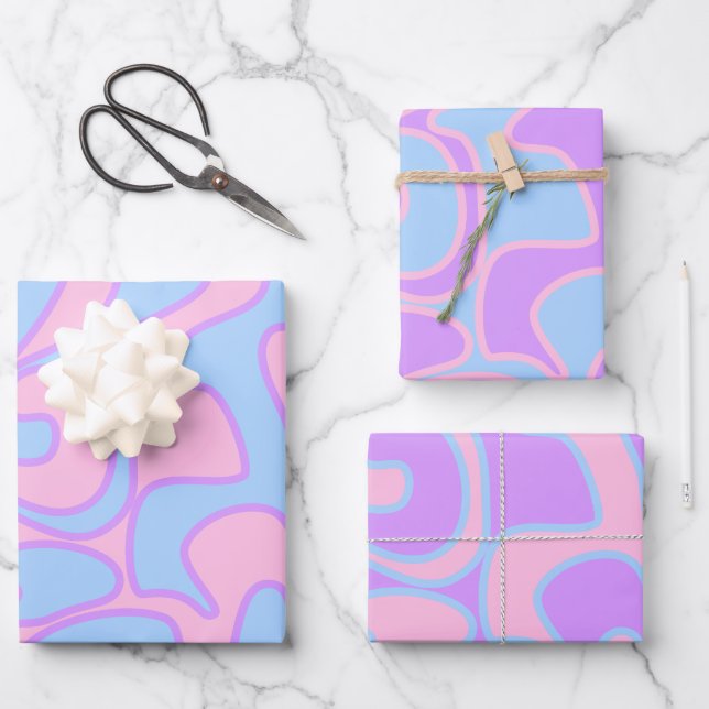 Gender Reveal Pink Blue Groovy Retro Unique Wrapping Paper Sheet (Front)