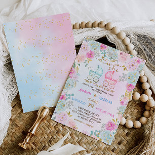 Gender Reveal Pink Blue Strollers Baby Shower Invitation