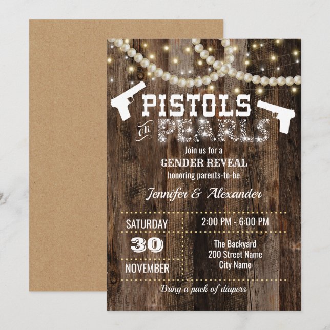 Gender Reveal Pistols or Pearls Invitation (Front/Back)