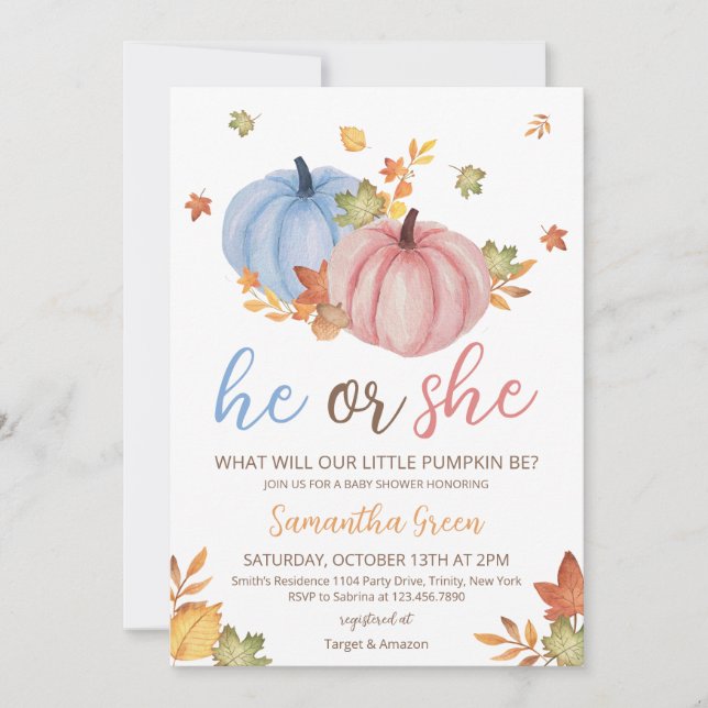 Gender Reveal Pumpkin Baby Shower Invitation (Front)