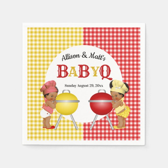 Gender Reveal Red Yellow Gingham Baby Q BBQ Napkin (Front)