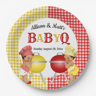 Gender Reveal Red Yellow Gingham Baby Q BBQ Paper Plate
