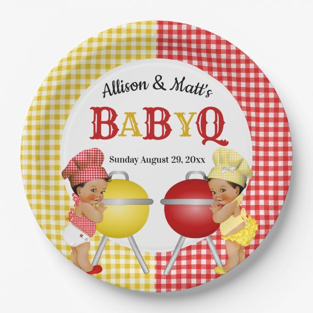 Gender Reveal Red Yellow Gingham Baby Q BBQ Paper Plate (Front)