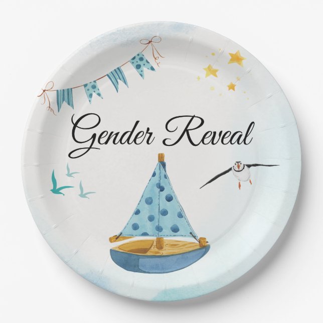 Gender Reveal Sailboat Paper Napkin Plate (Front)
