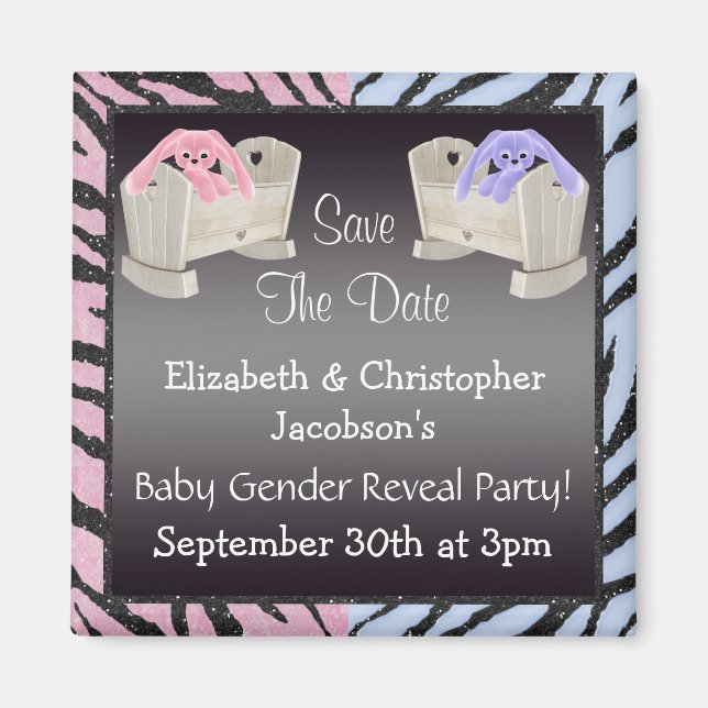 Gender Reveal Save The Date Bunnies in Cribs Magnet (Front)