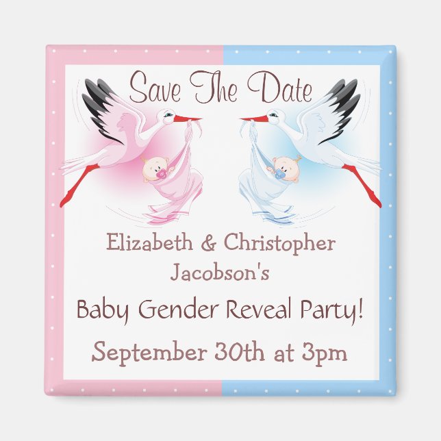 Gender Reveal Save The Date Stork Delivering Baby Magnet (Front)