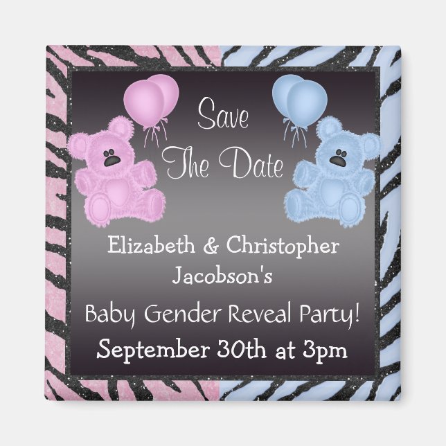 Gender Reveal Save The Date Teddys & Animal Print Magnet (Front)