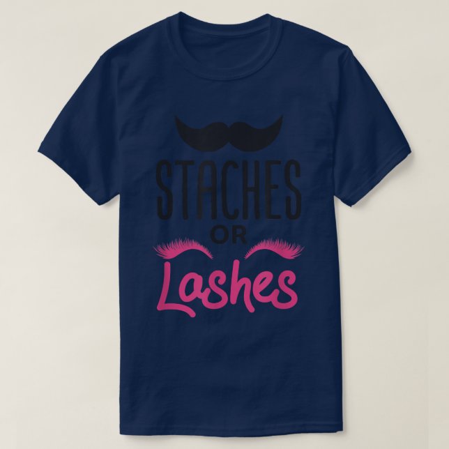 Gender Reveal Staches or Lashes Baby Shower T-Shirt (Design Front)