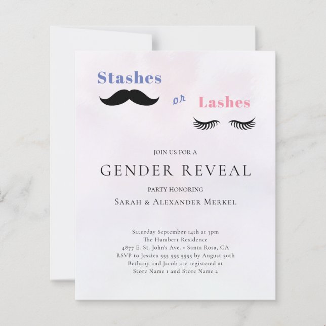 Gender Reveal Stashes or Lashes Budget Invitation (Front)