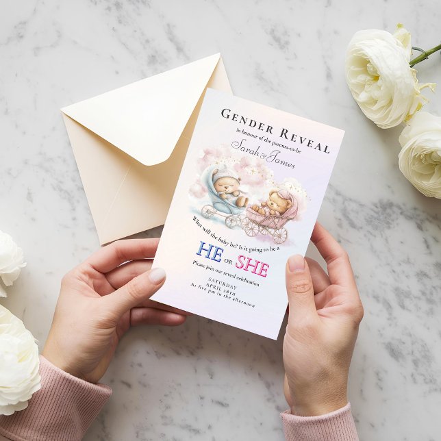 Gender Reveal Stroller Teddies Invitation (Creator Uploaded)