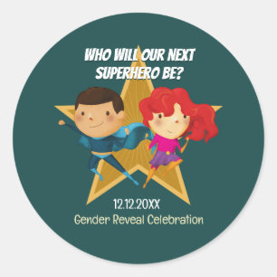 Gender Reveal Superhero Cute Blue Pink Green Classic Round Sticker