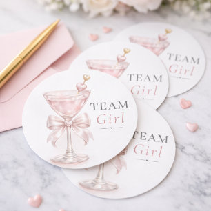 Gender Reveal Team Girl Pink Martini Coquette Bow Classic Round Sticker