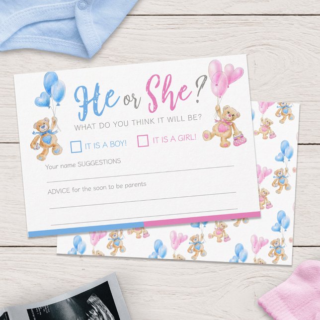 Gender reveal teddy bear themed he or she game enclosure card (Creator Uploaded)