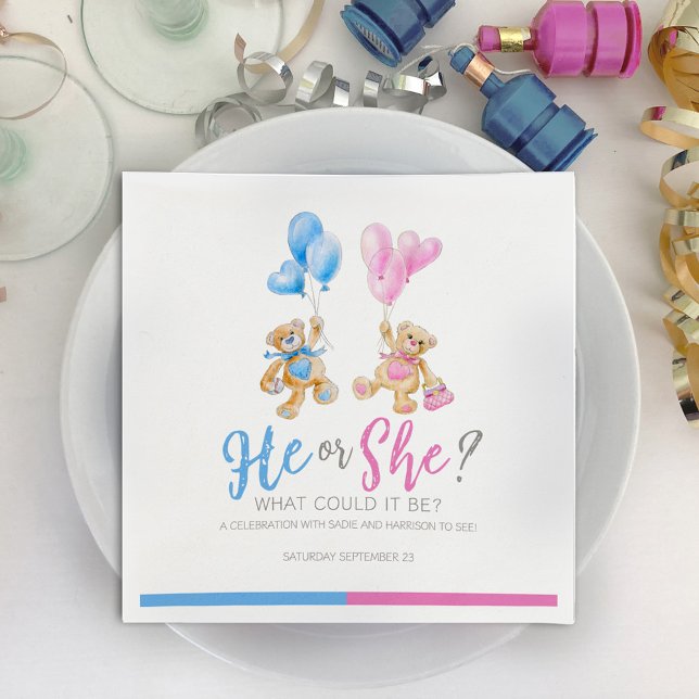 Gender reveal teddy bear themed he or she napkin (Creator Uploaded)