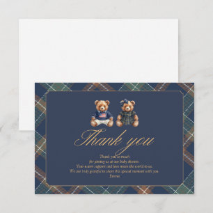 Gender Reveal Thank You Card Navy Plaid Teddy Bear