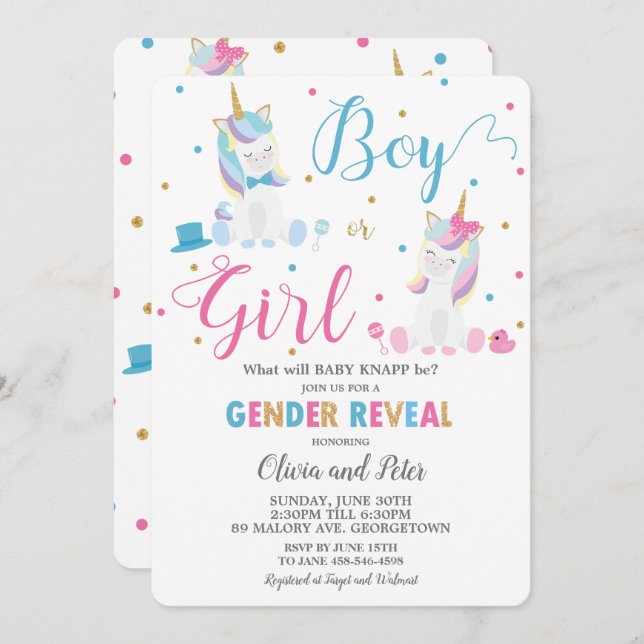 Gender Reveal Unicorn Boy or Girl Gender Reveal Invitation (Front/Back)