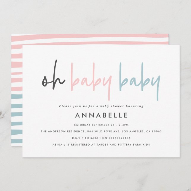 Gender reveal unknown baby shower pink blue modern invitation (Front/Back)