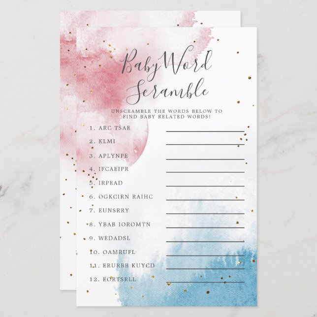 Gender Reveal Watercolor Baby Word Scramble Game (Front/Back)