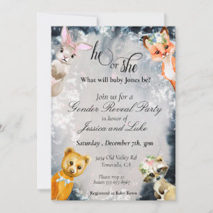 Gender Reveal Winter Woodland Animals Holiday Invitation