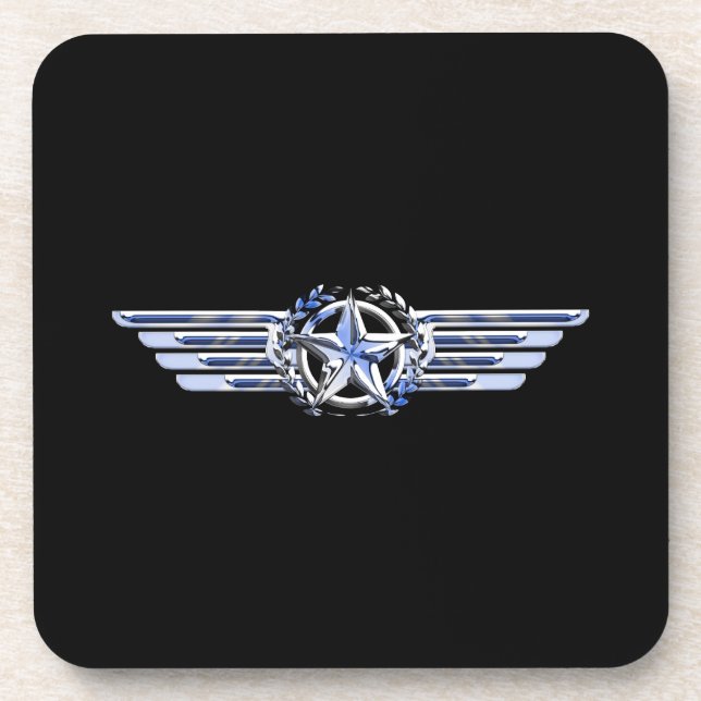 General Air Pilot Chrome Like Star Wings Black Coaster (Front)