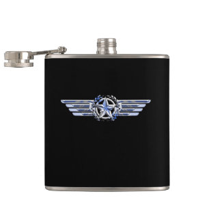General Air Pilot Chrome Like Star Wings Black Hip Flask