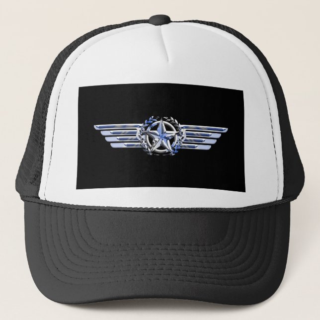 General Air Pilot Chrome Like Star Wings Black Trucker Hat (Front)