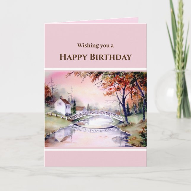 General Birthday Arched Bridge Watercolor Painting Holiday Card (Front)