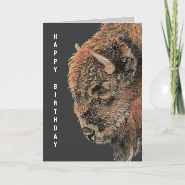 General Birthday Buffalo, Bison, Watercolor Animal Card (Front)