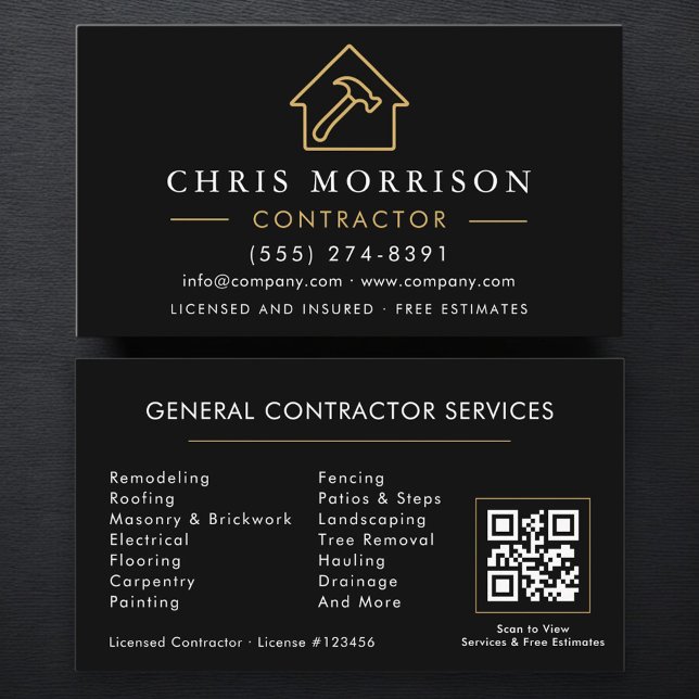 General Construction Black Gold QR Code Business Card (Creator Uploaded)
