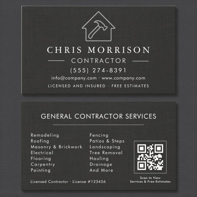 General Construction Black Silver Linen QR Code Business Card (Creator Uploaded)