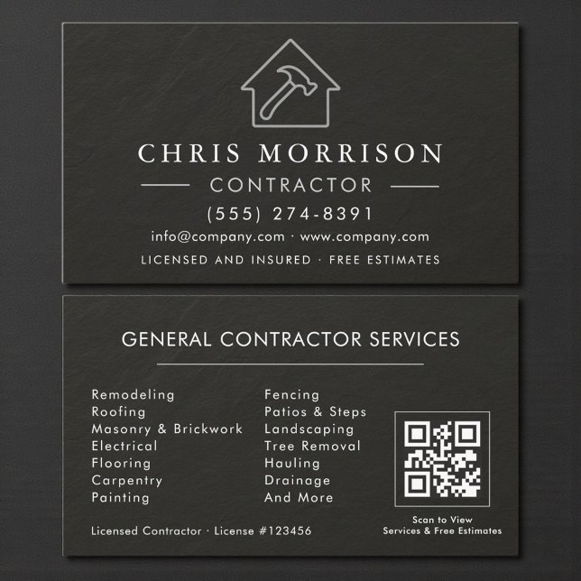 General Construction Black Silver Stone QR Code Business Card (Creator Uploaded)