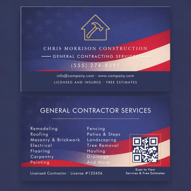 General Contractor American Flag QR Code Business Card (Creator Uploaded)