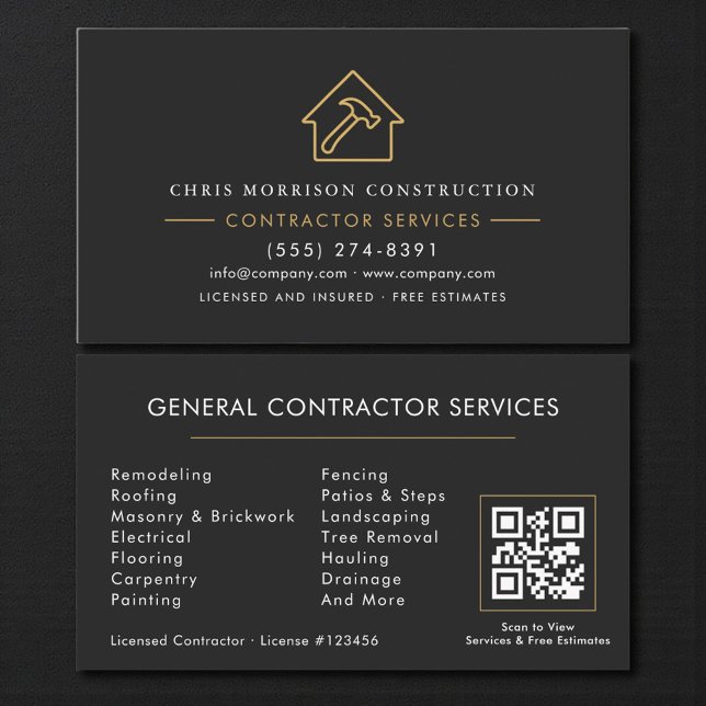 General Contractor Black Gold QR Code Business Card (Creator Uploaded)