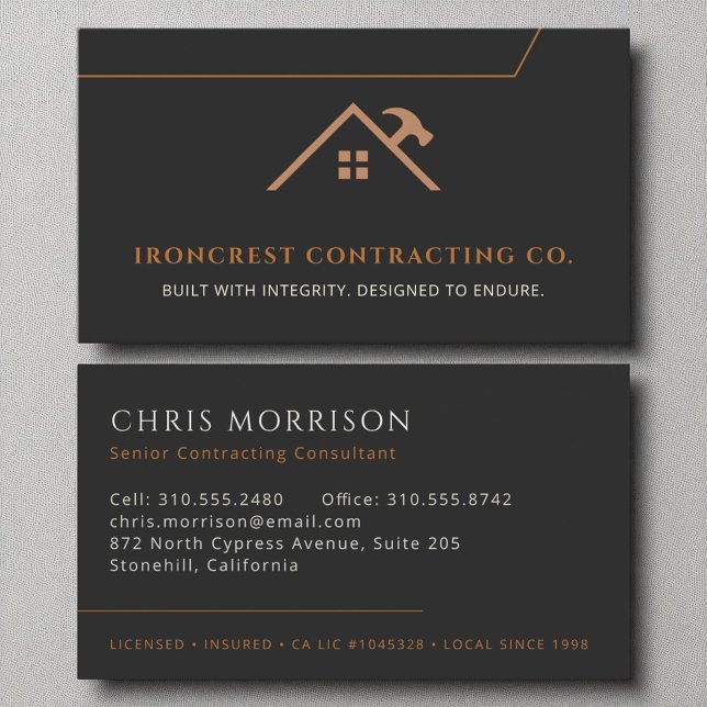 General Contractor Construction Black Copper  Business Card (Creator Uploaded)