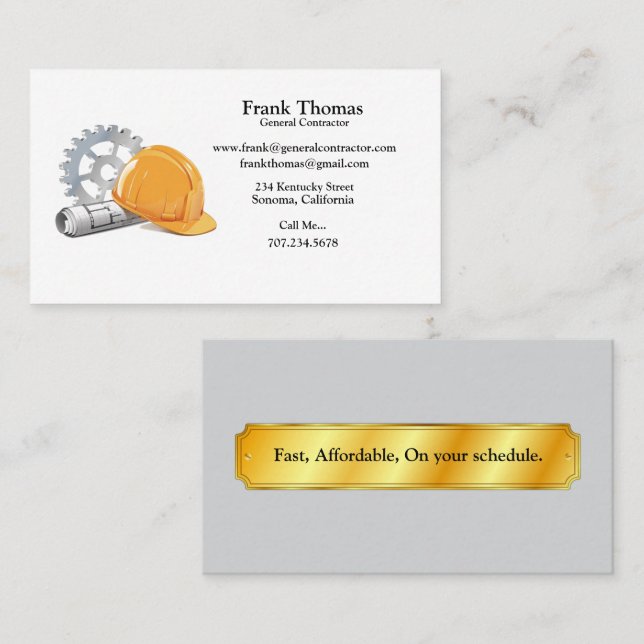 General Contractor Hard Hat & Tools Blueprints Business Card (Front/Back)
