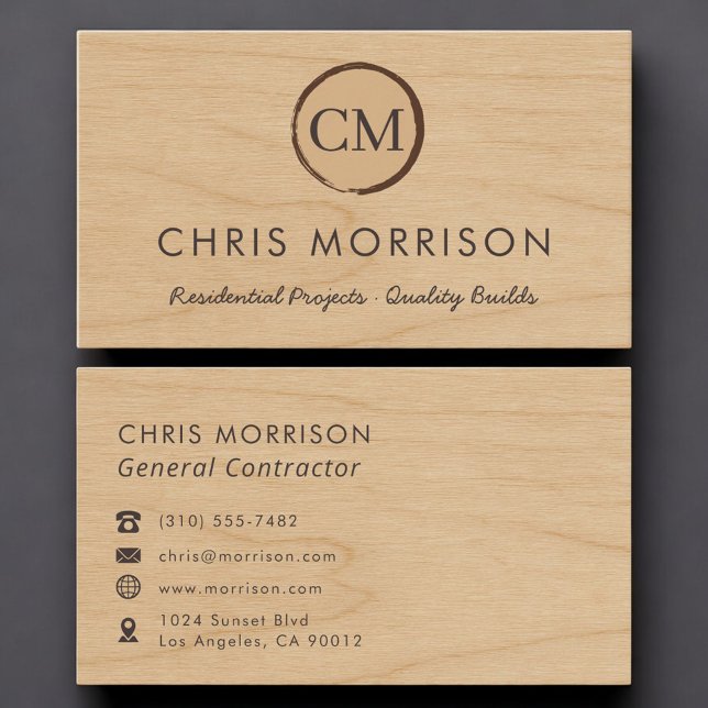 General Contractor Wood Monogram Professional Business Card (Creator Uploaded)