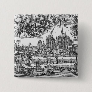 General View of Cologne, 1531 (engraving) (b/w pho 15 Cm Square Badge