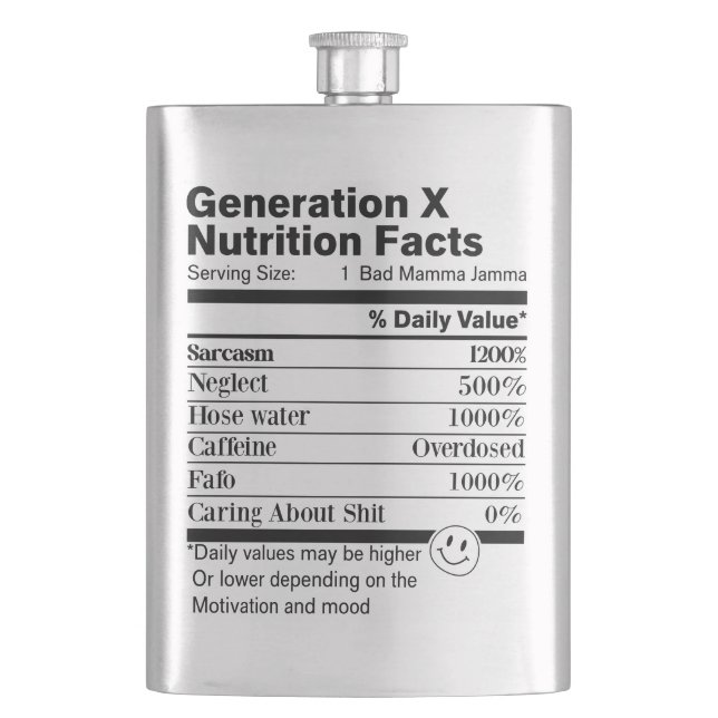 Generation X | Fun Nutrition Facts Sarcasm Neglect Hip Flask (Front)