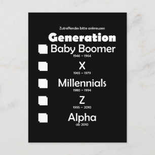 Generations Baby Boomer, X, Y, Millennium, Z, Al Postcard