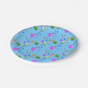 Generic Festive Balloons and Streamers on BLUE Paper Plate